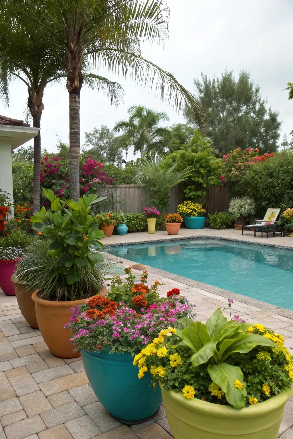 A lush poolside area adorned with vibrant flowerpots.