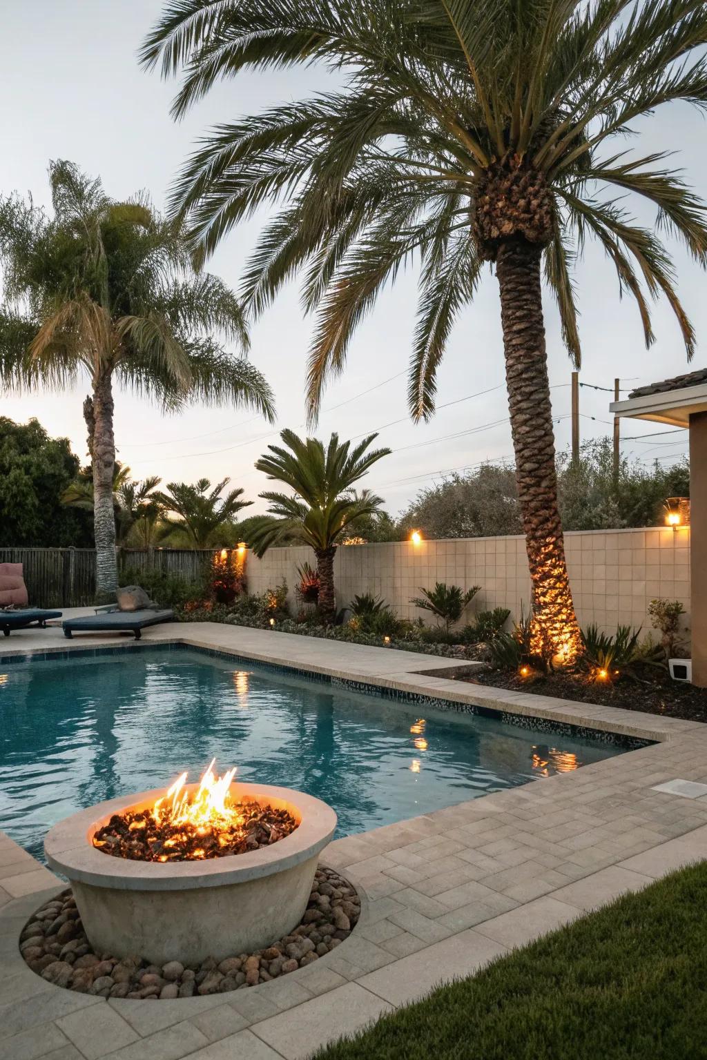 A fire gap crafts a snug evening gathering location within a tropical configuration.