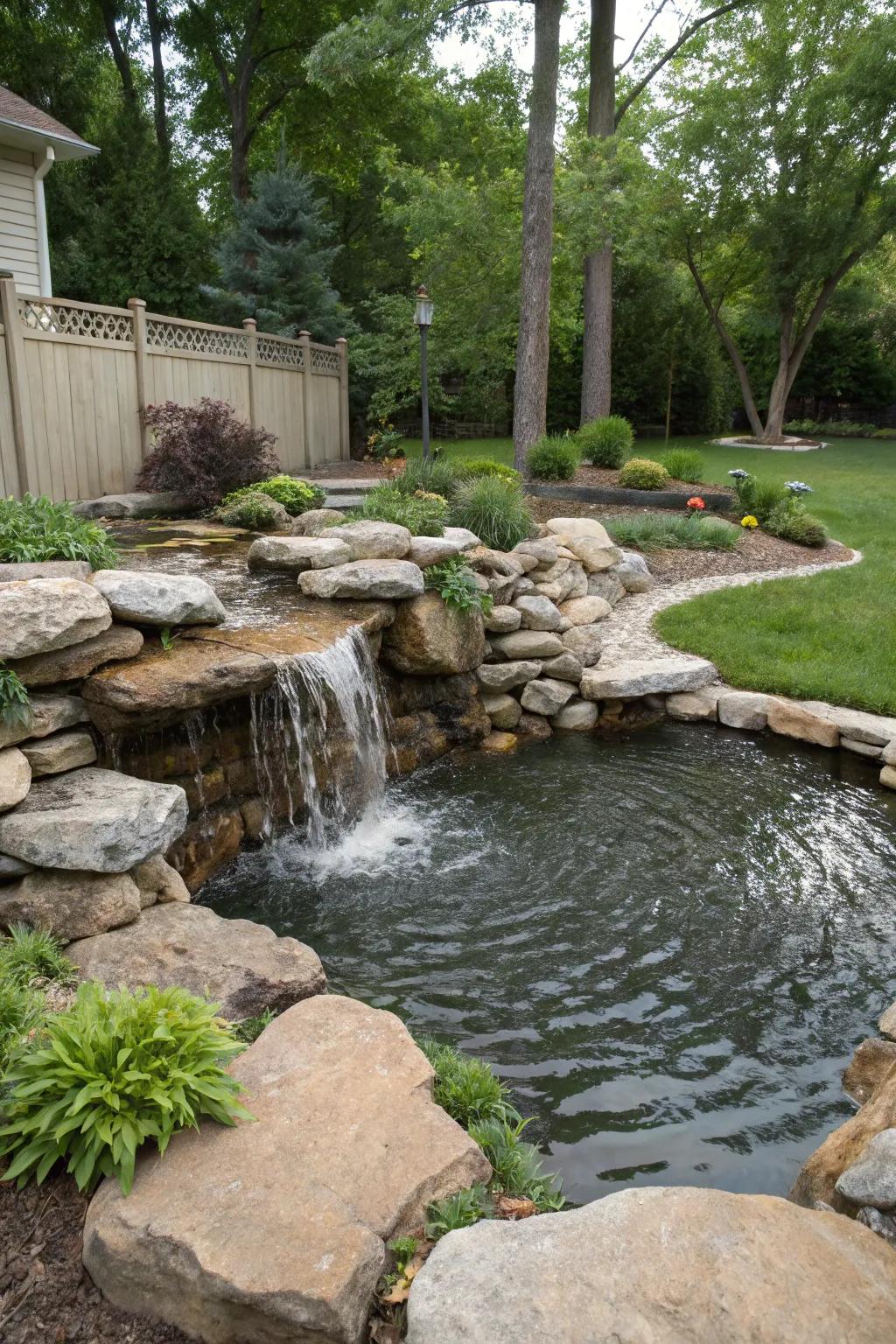 A stone cascade forms a captivating focal element.