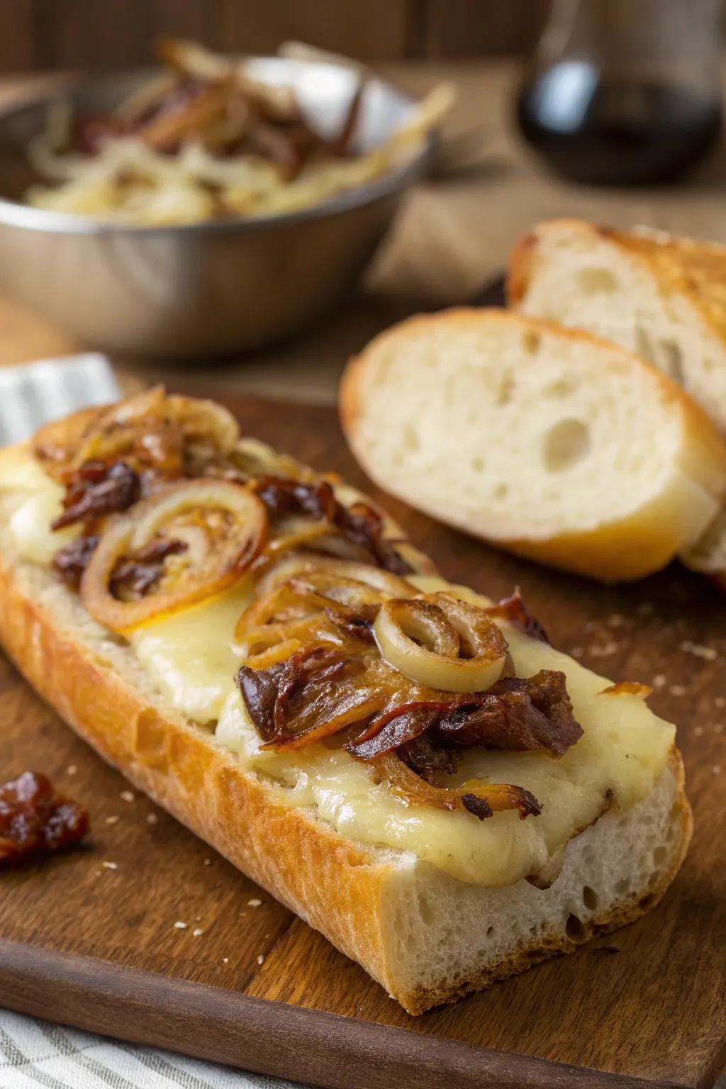 Decadent tender onions plus Hard cheese topping a baguette.