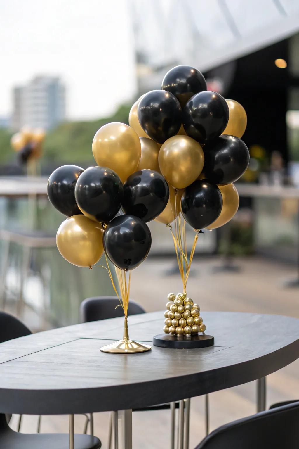 Onyx balloons coupled alongside gold fashion a luxurious visage.