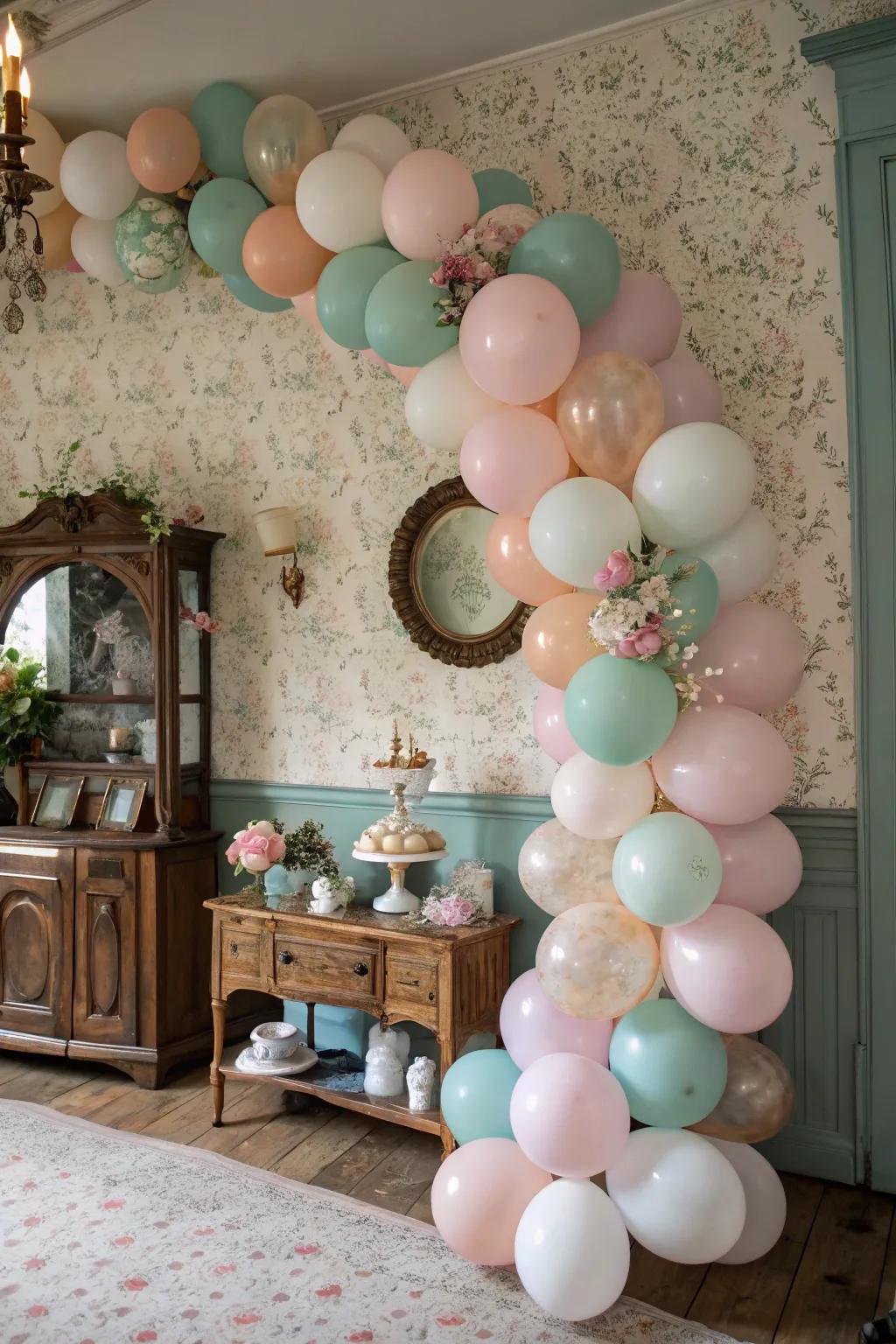 Vintage balloon garland creating nostalgic vibes.