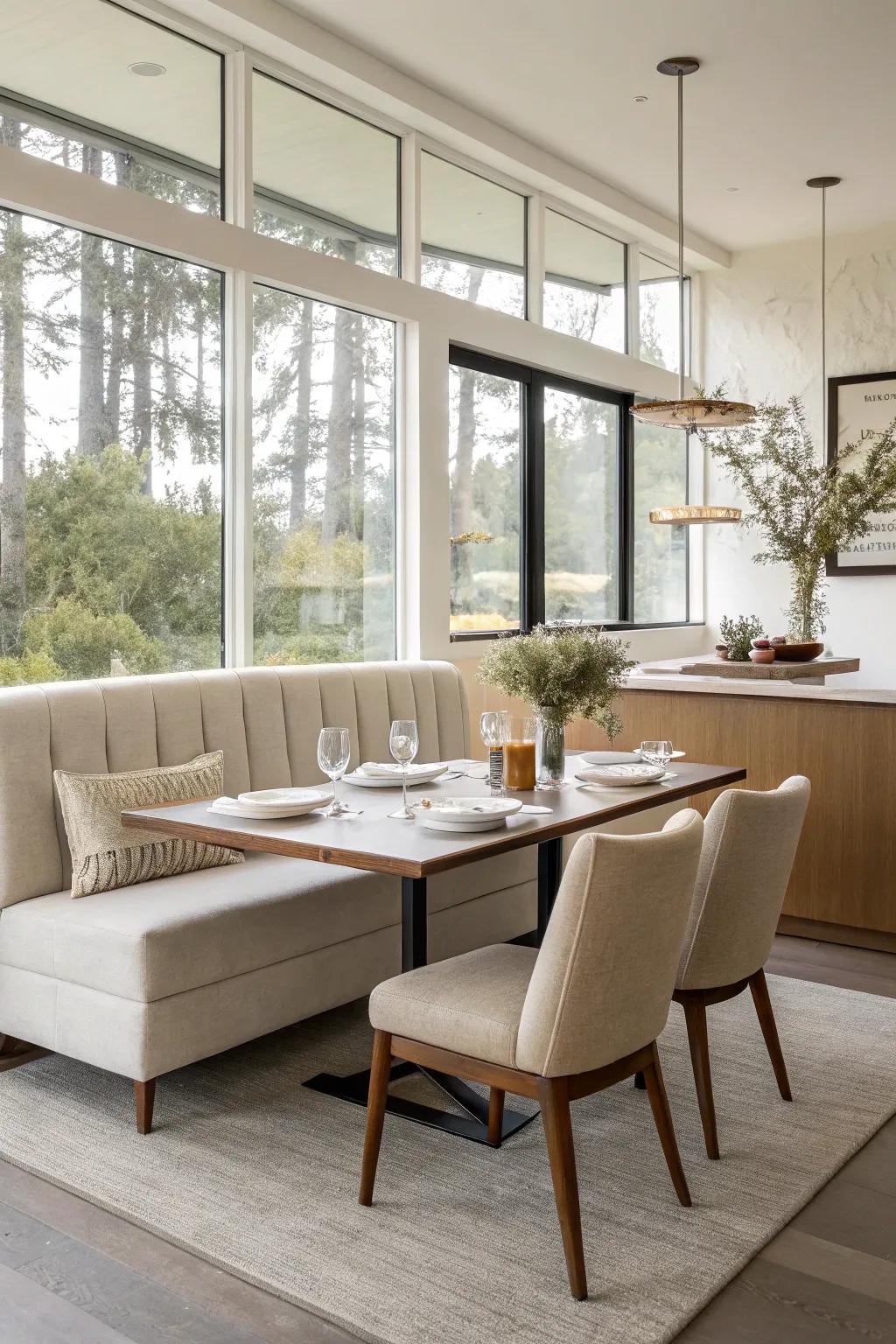 A modern vintage dining room with sleek banquette seating.