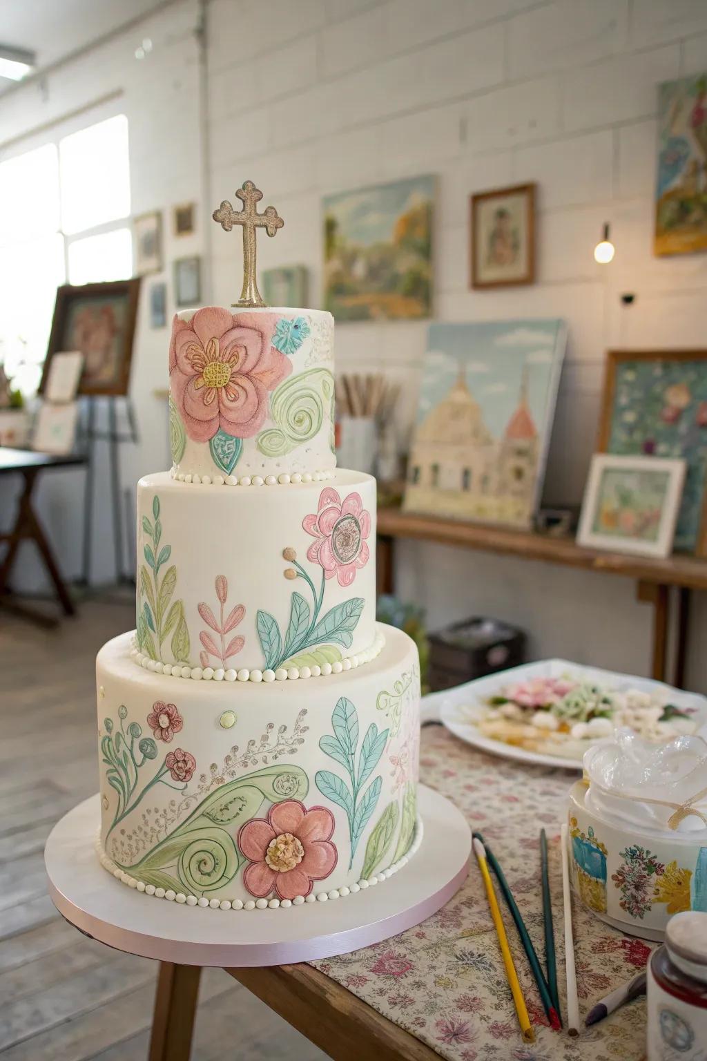 An artistic cake displaying hand-painted ornamentation.