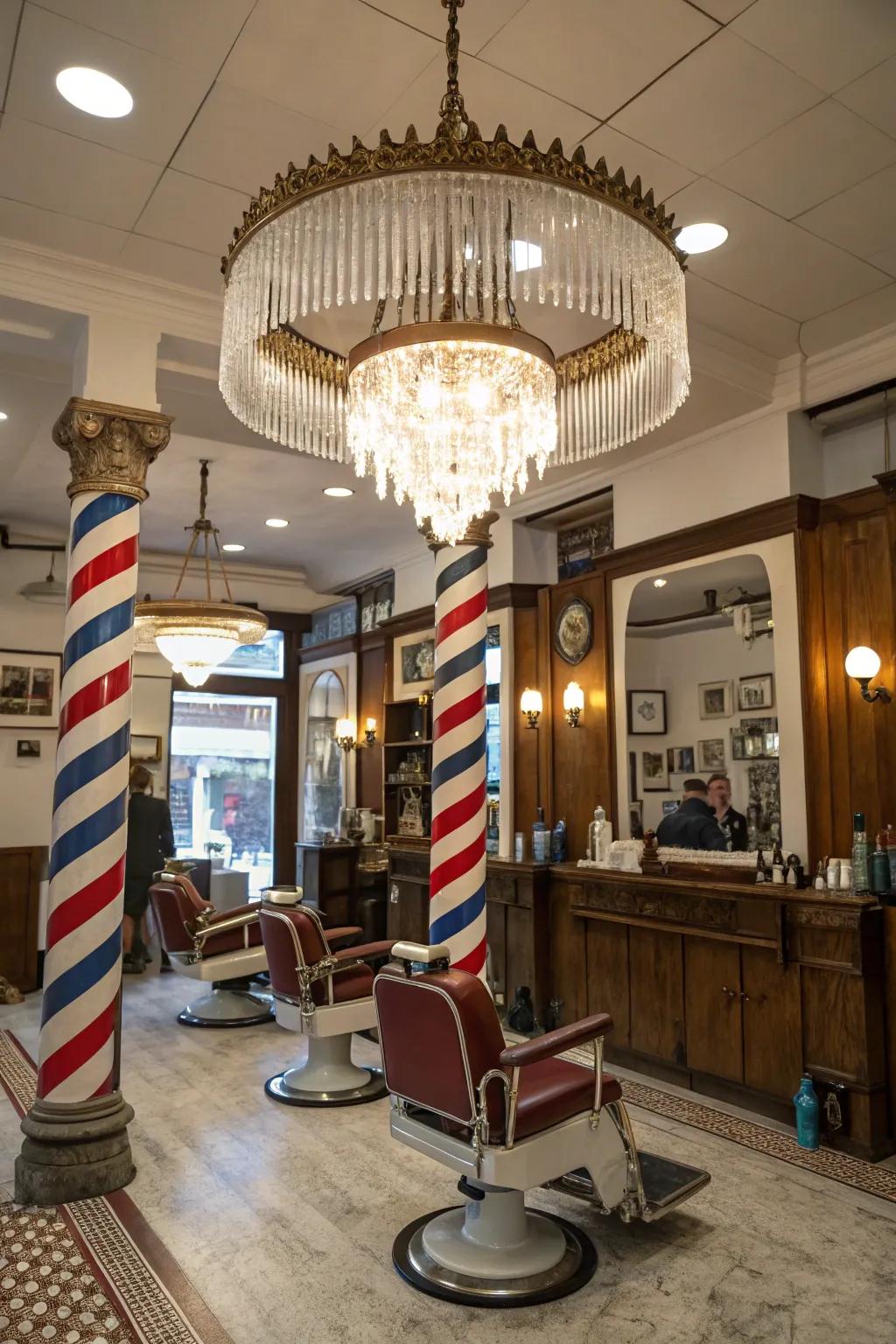 A striking chandelier serving as a bold centerpiece within a barbershop.