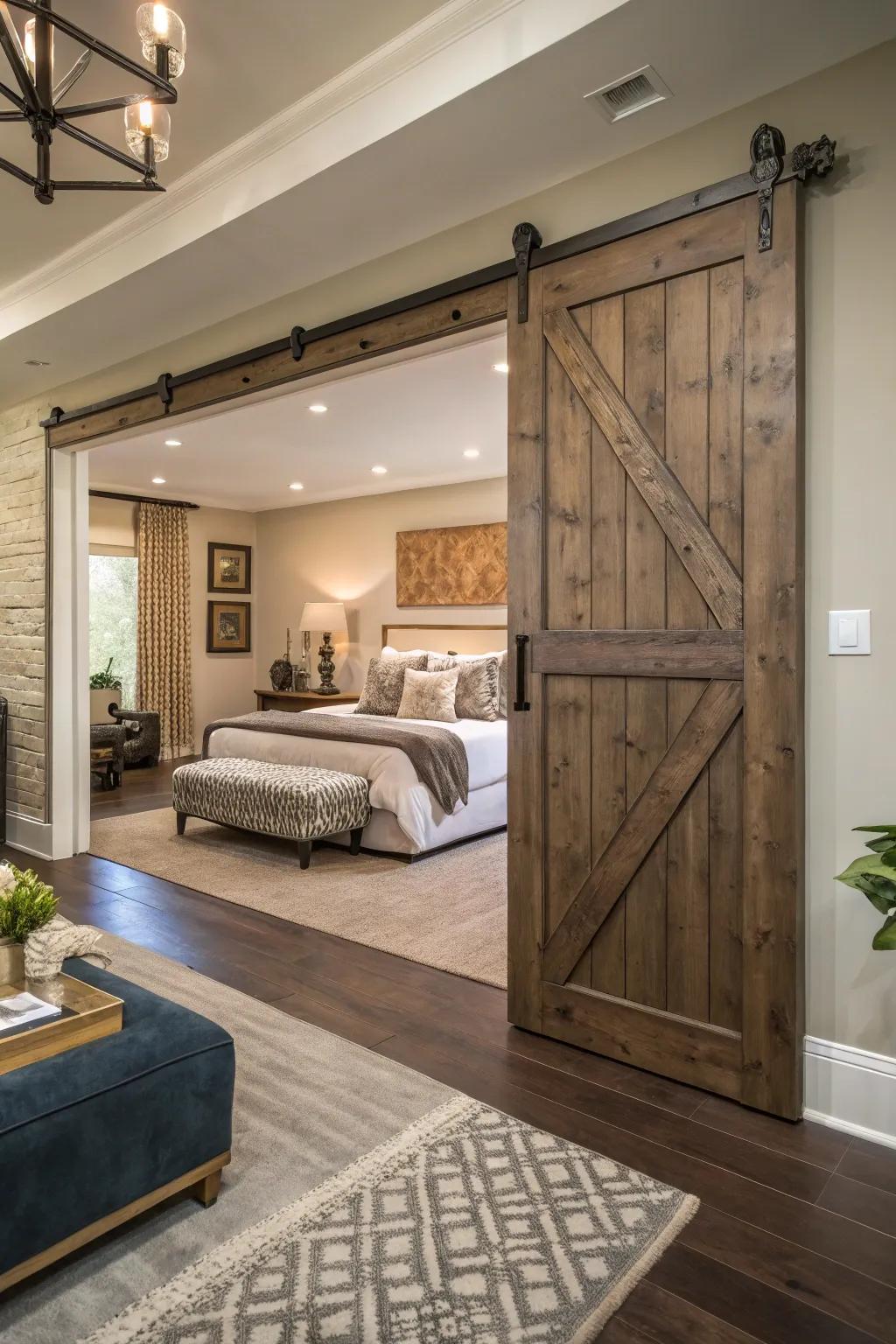 An artful barn door creates a grand entrance to this stylish bedroom.