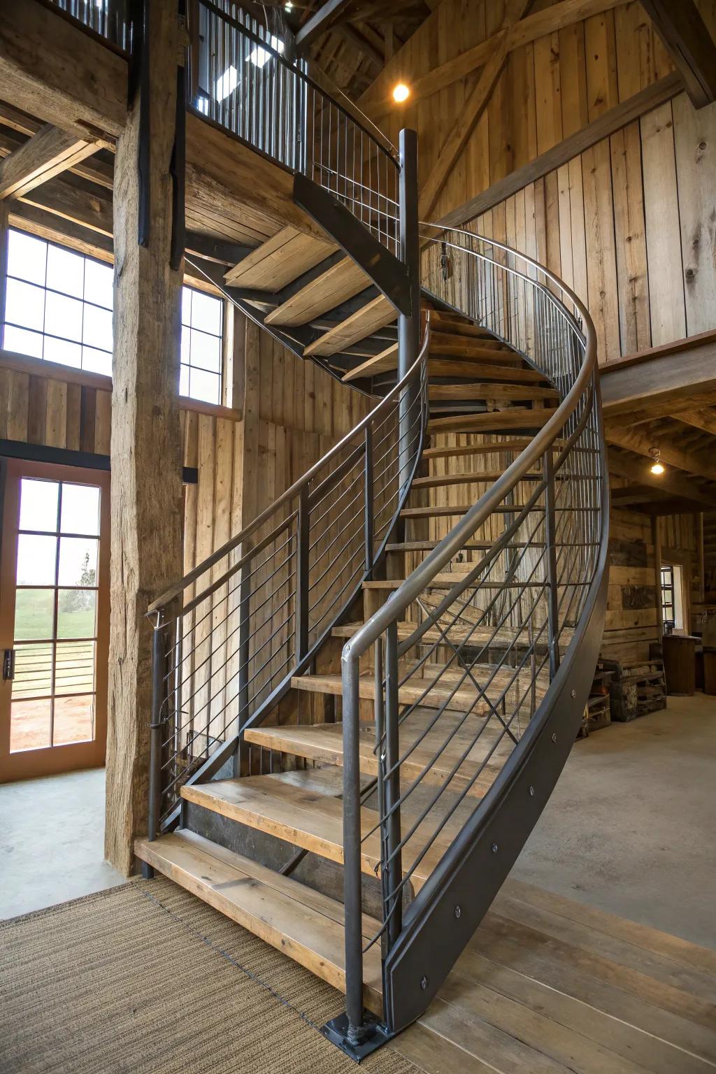 A metal and timber fusion forges a modern rustic ambiance for barn stairs.