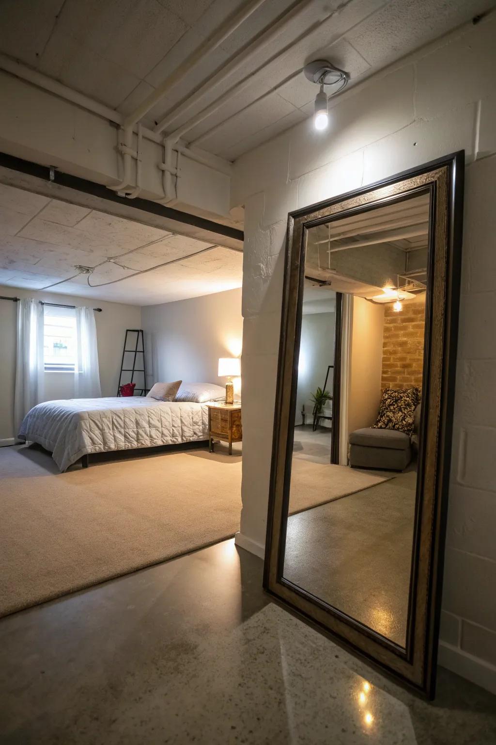 A large mirror enhances light and space in this basement bedroom.