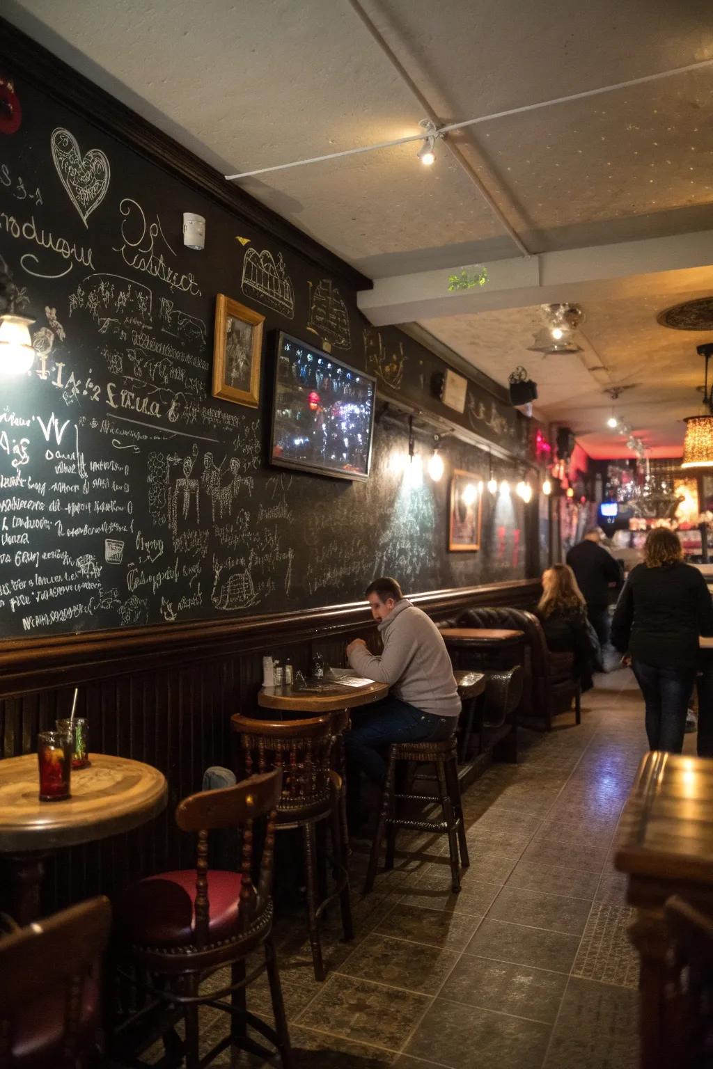 A chalkboard wall adds a personal and interactive touch.