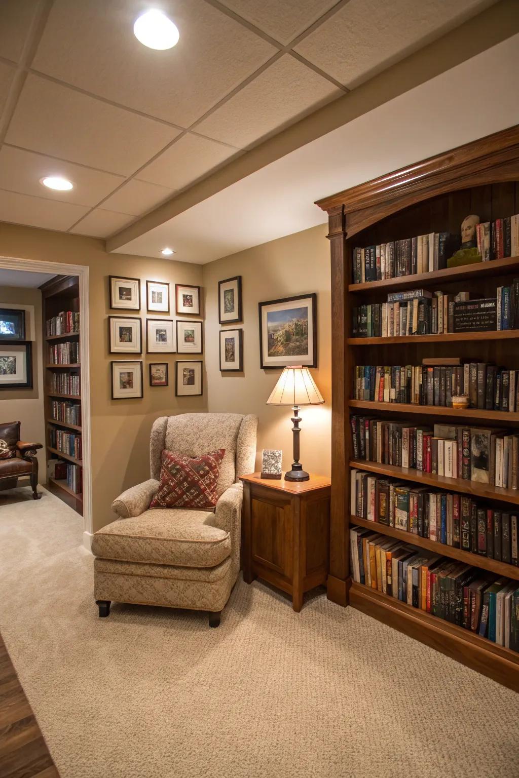 A reading nook provides a cozy escape in this inviting basement.