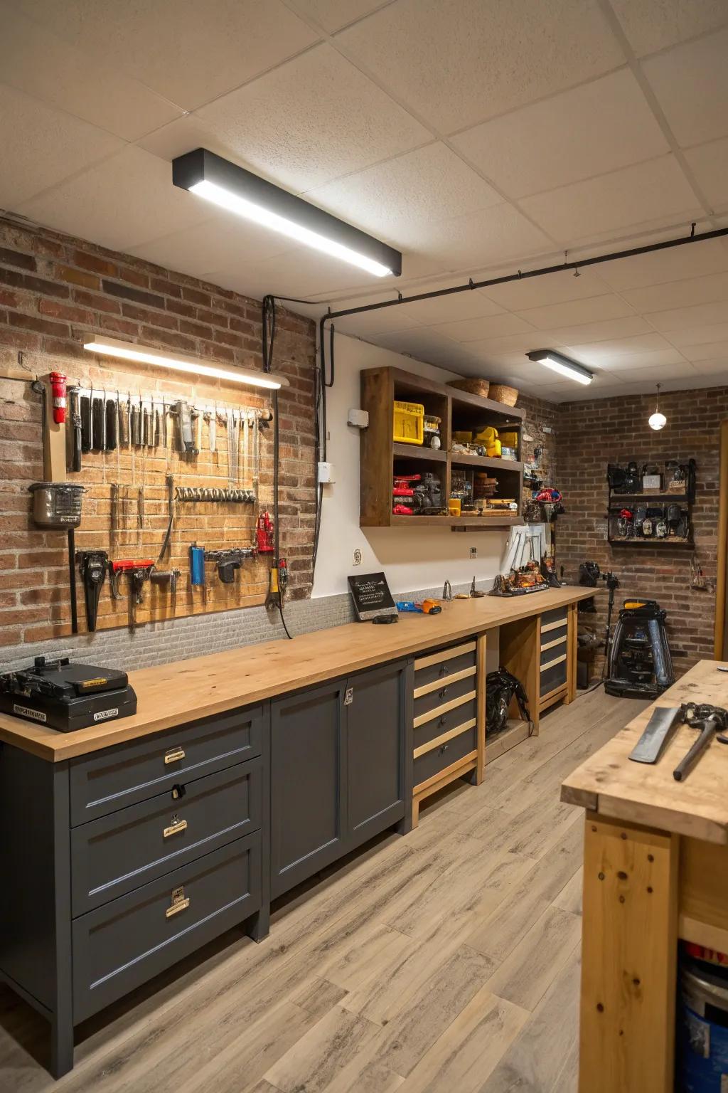 A functional workshop is apparent in the basement, equipped with sufficient counter space and tool storage.