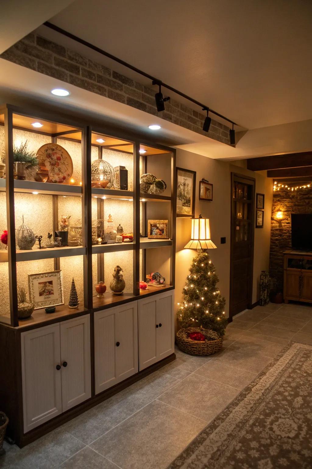 Illuminated shelving adds drama and warmth to your basement d&eacute;cor.