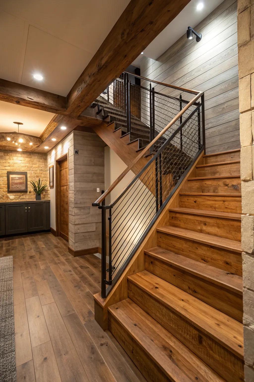 A fusion of lumber and metal composes a harmonious and stylish stairwell.