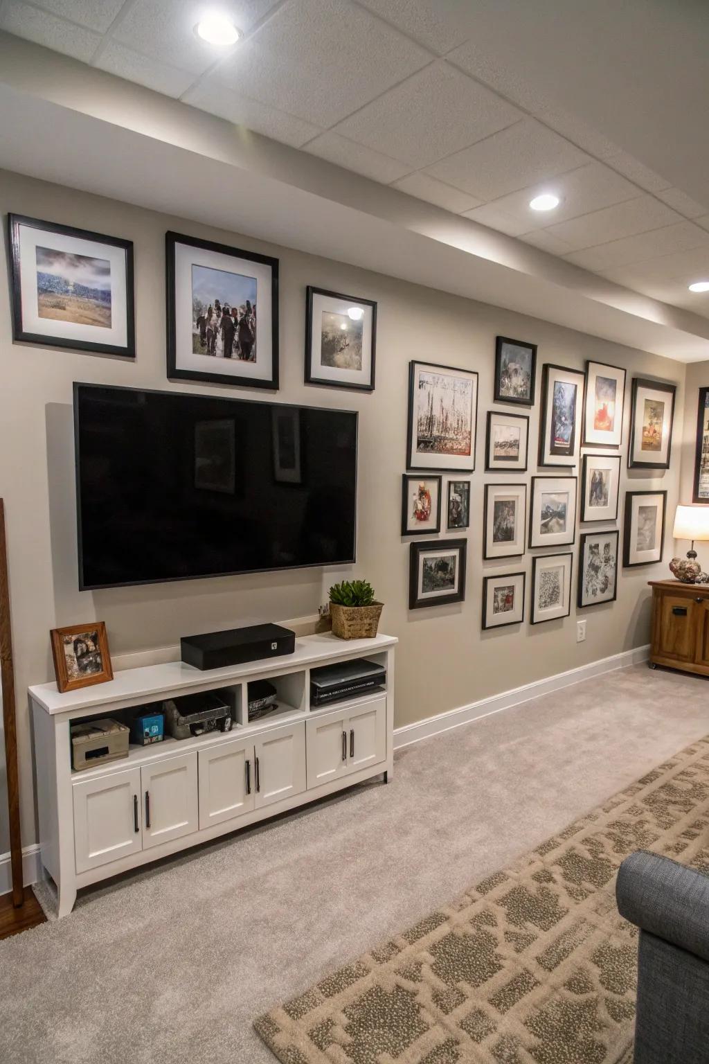 A basement TV feature adorned with a curated gallery partition of personal portraits and art.