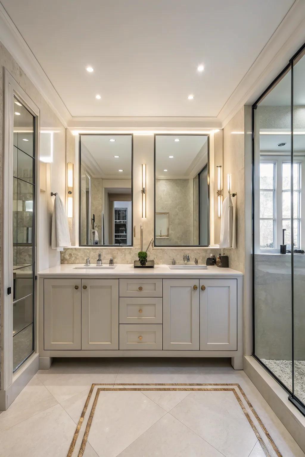 Mirrored cabinets augment luminosity and foster the perception of expanded area.