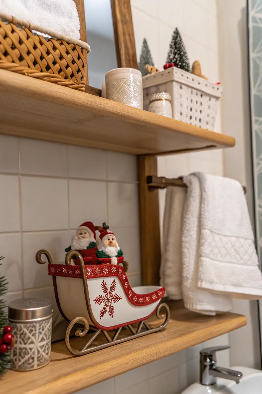 A sleigh exposition contributes a fanciful signature within this powder room sill.
