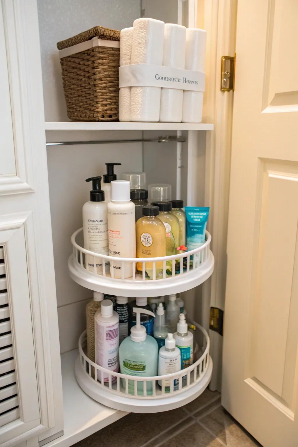 A rotating tray makes getting to stored items effortless.