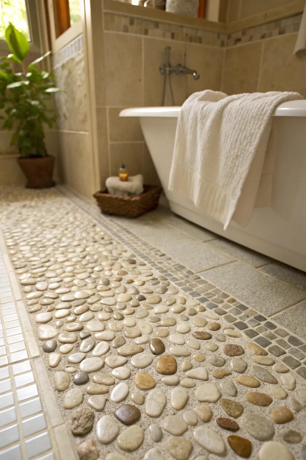 Smooth rock tiling presents a placid, nature-inspired element within restrooms.