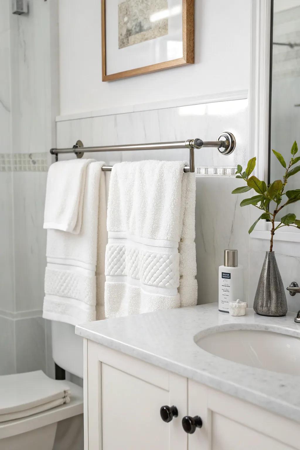 Minimalist rods provide a sleek and modern towel display.
