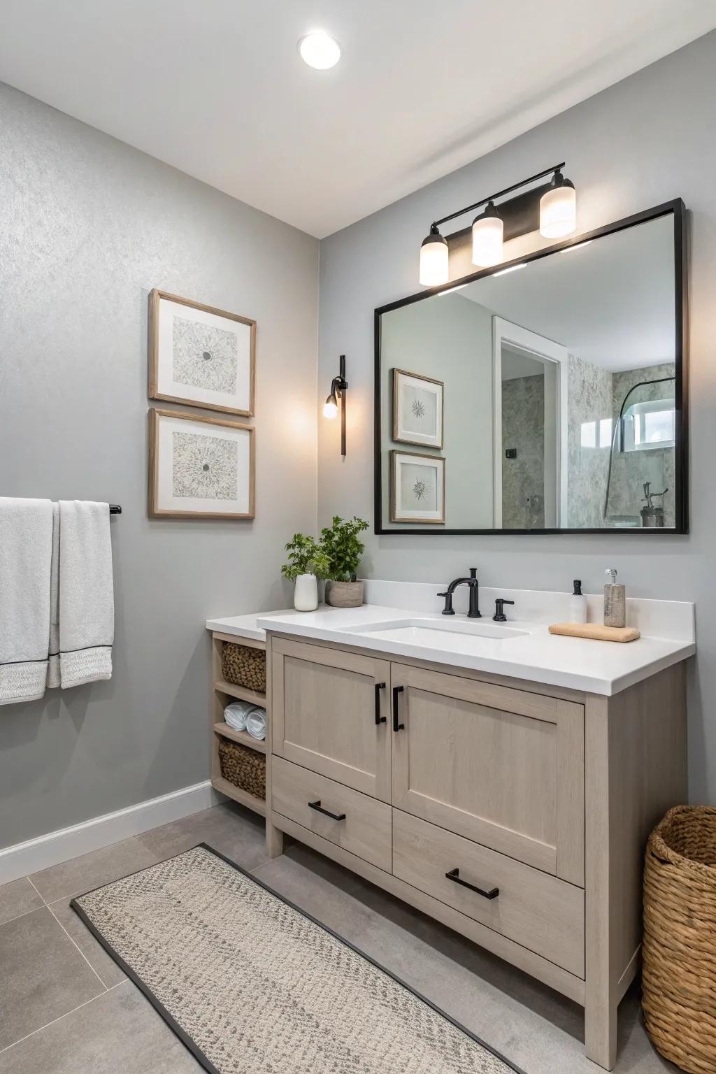 Light gray walls give a calm and easy-to-match bathroom setting.