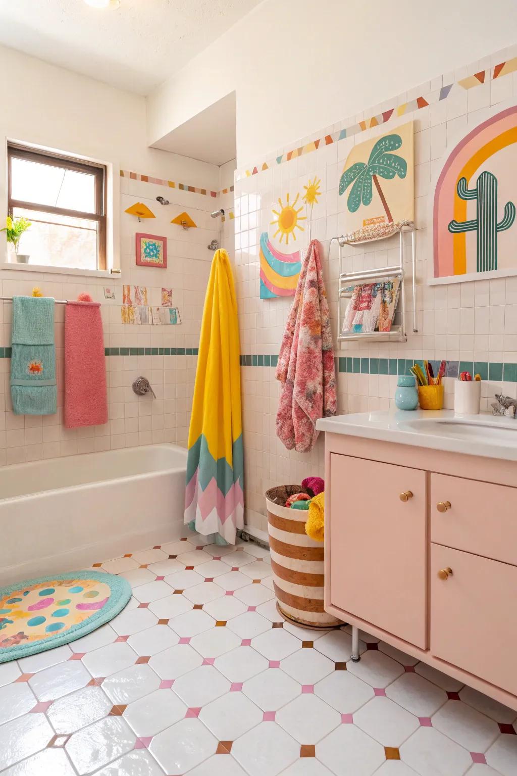 Pastel resilient flooring brings a playful and cheerful vibe to this bathroom.