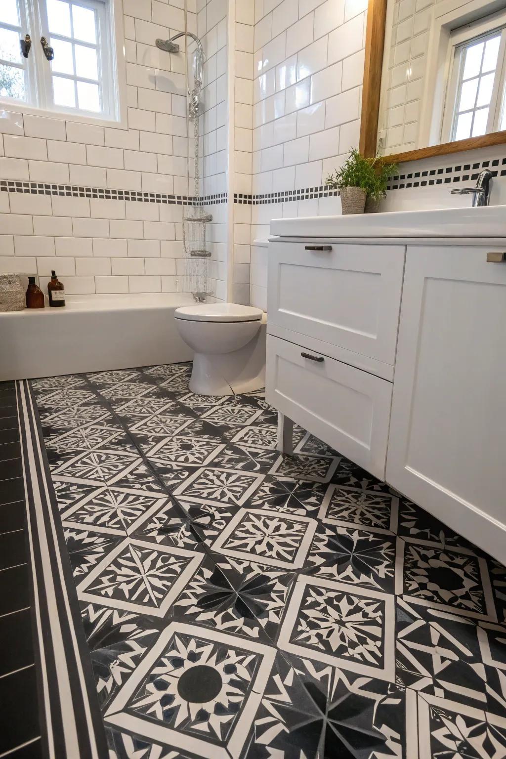 Geometric tile patterns transform the black floor into an artistic masterpiece.