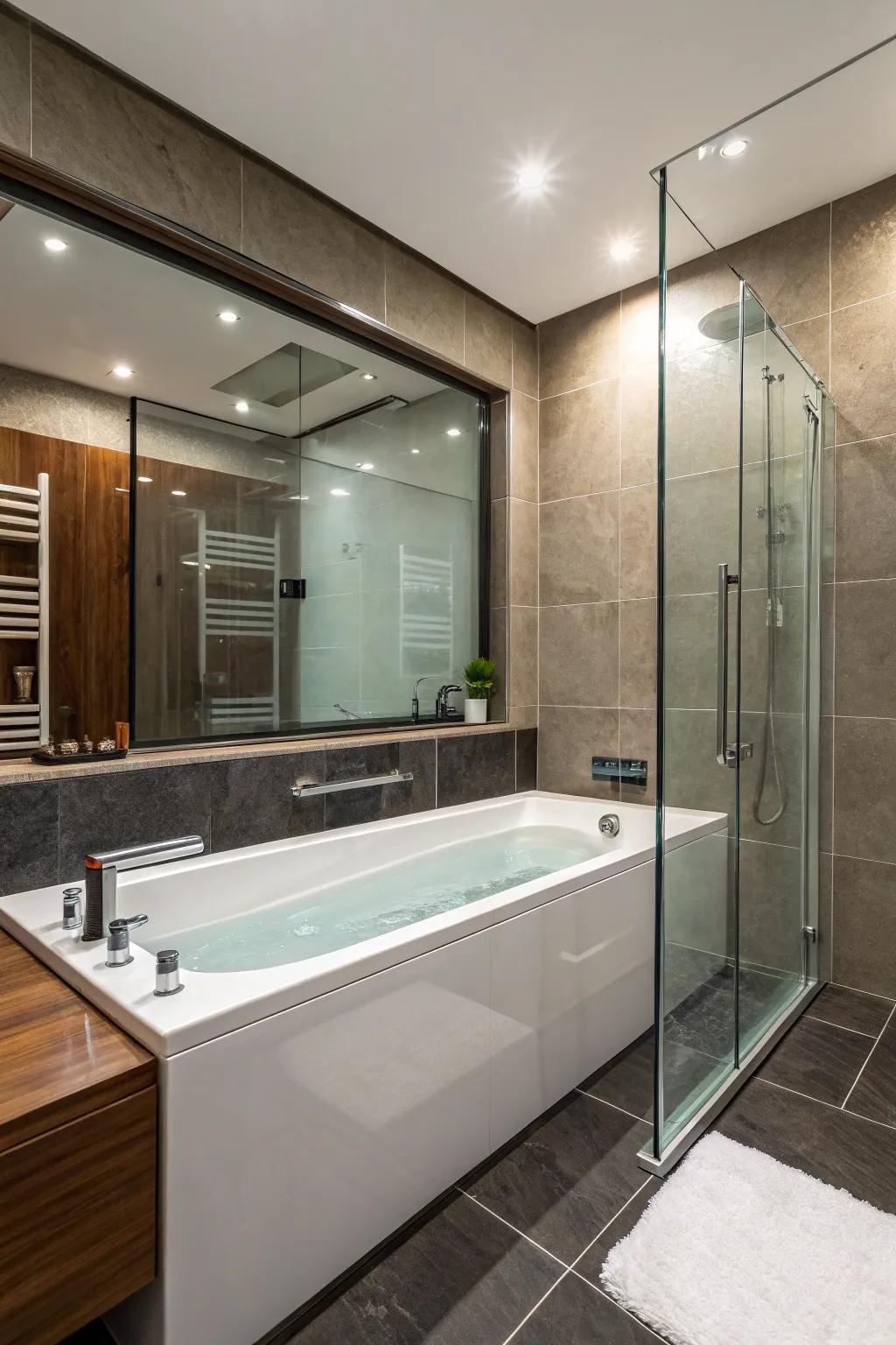 An airy bathroom with a tub enhanced by a sleek glass partition.