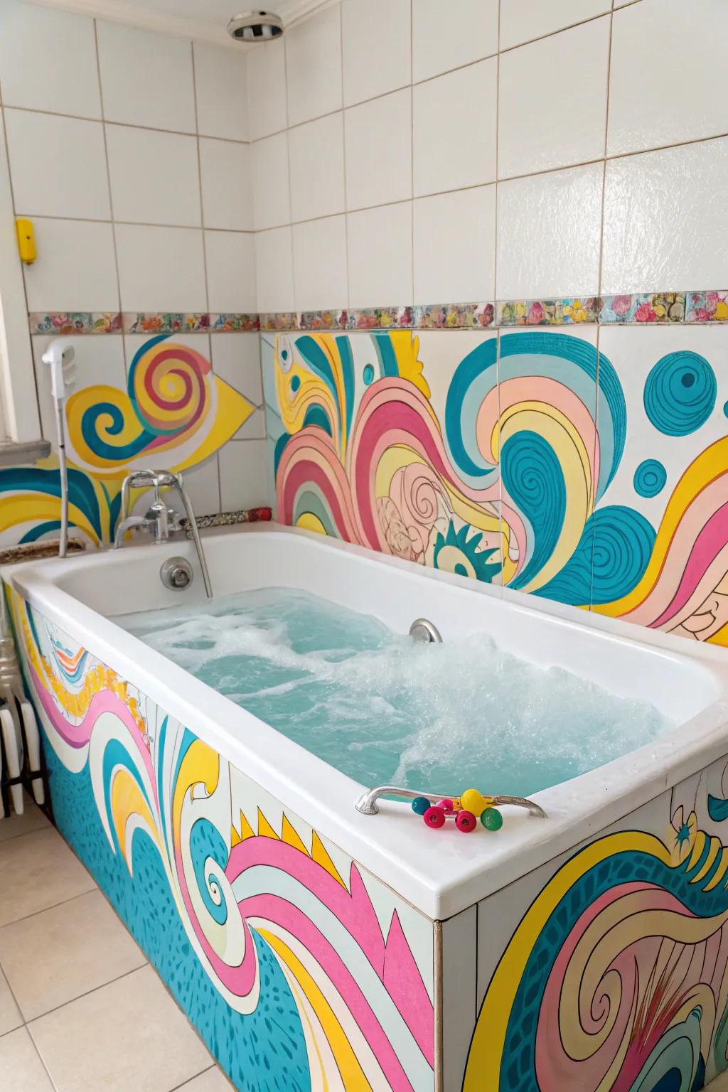 Express creativity with colorful bath paints on the tub.