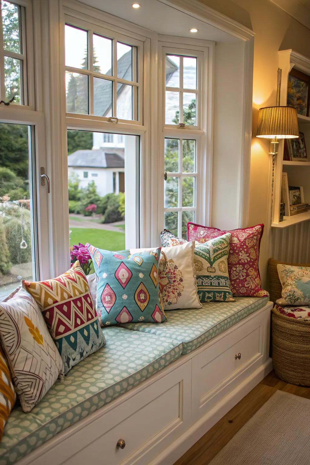 Hand-Made cushions enable personalized expression in your bay window space.