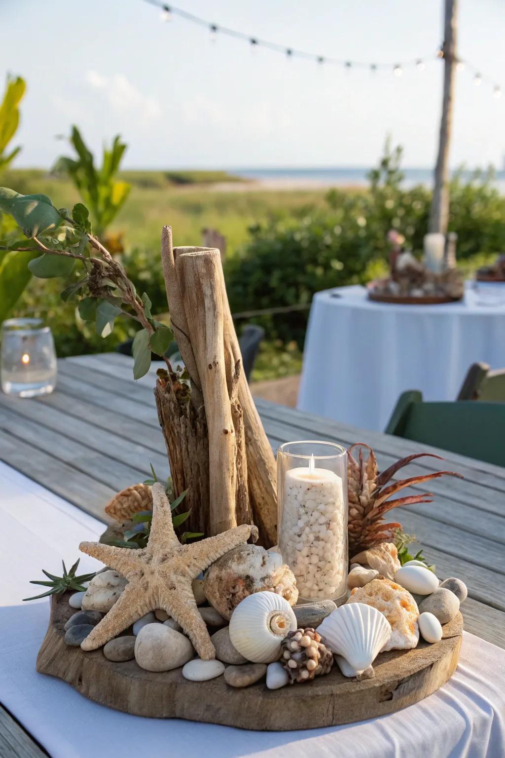 A shell centerpiece serves as an elegant focal point within your outdoor decor.