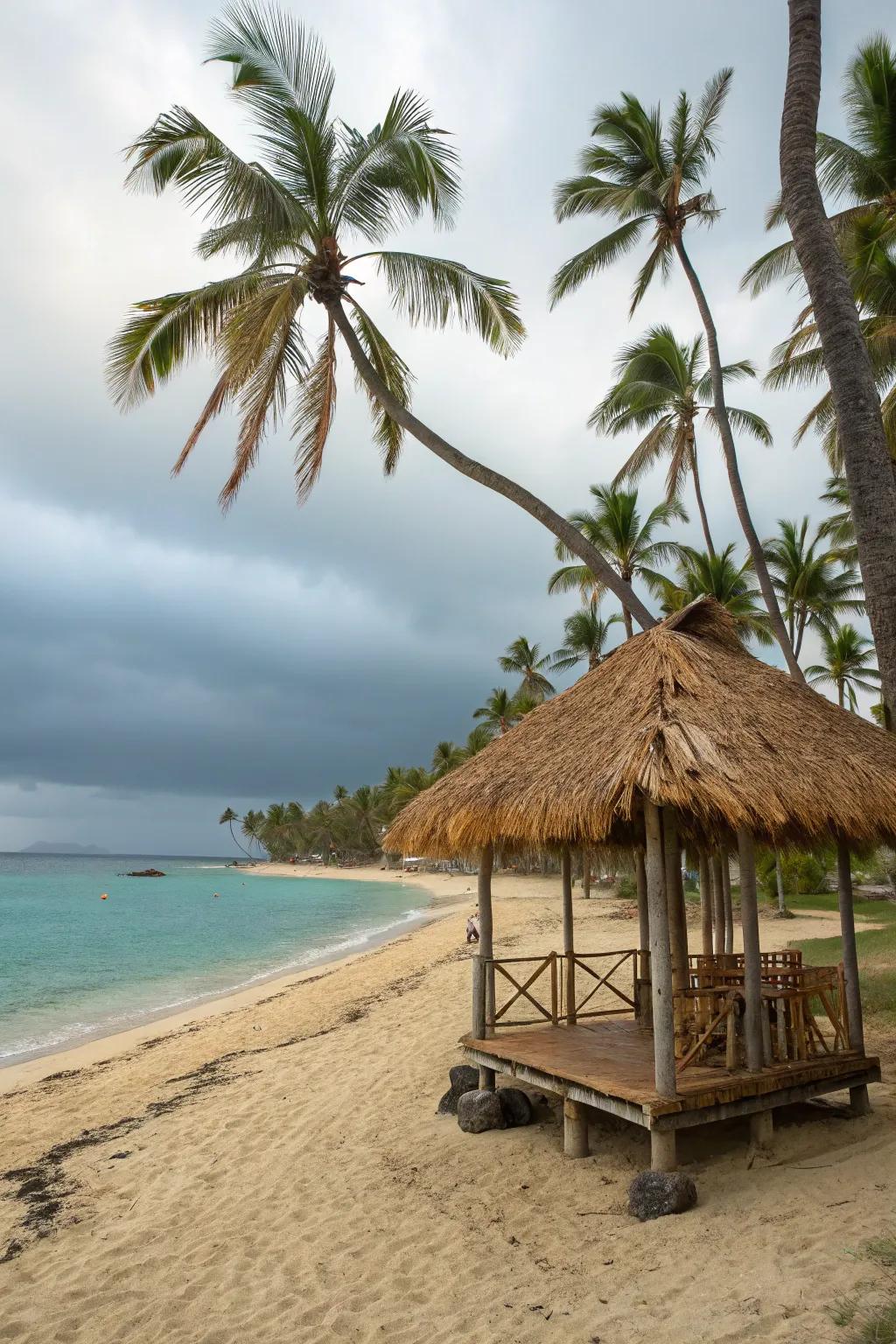 Coconut palm huts bring nature's beauty and reliable shade.