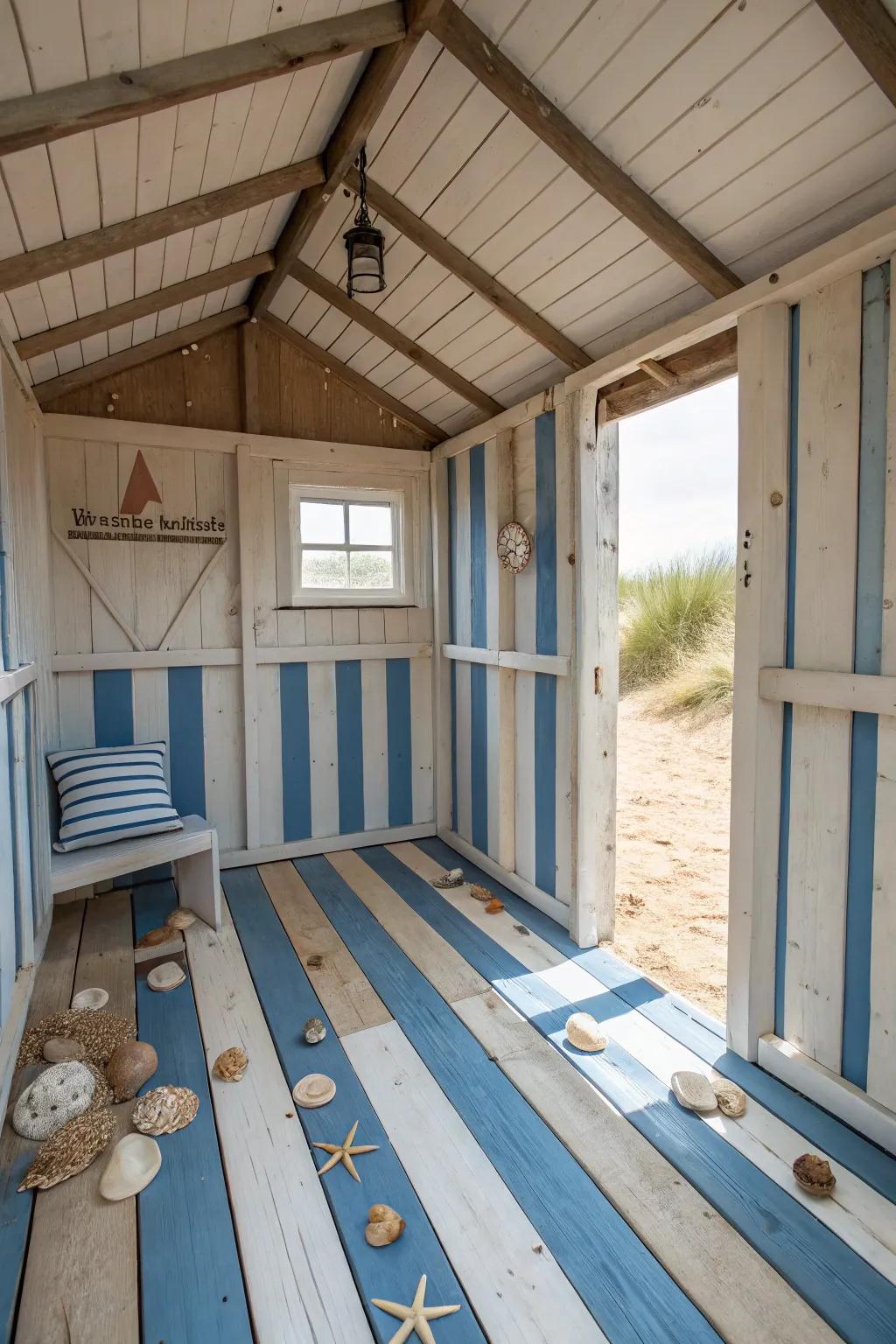 Painted floor panels in nautical stripes brighten the beachfront hideaway interior.