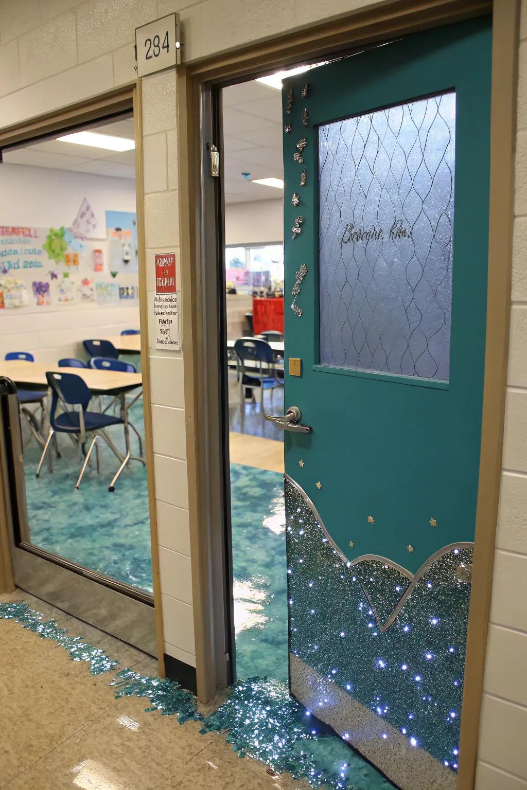 Glimmering ocean impressions on a classroom door for an enchanting effect.