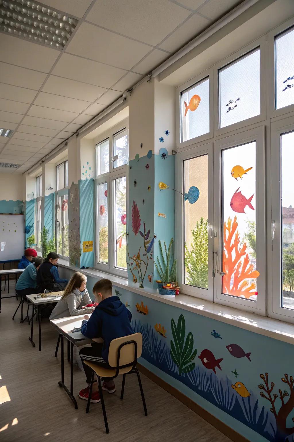 Submerged scene window decals add a playful and colorful touch to the classroom, enhancing the ocean theme.