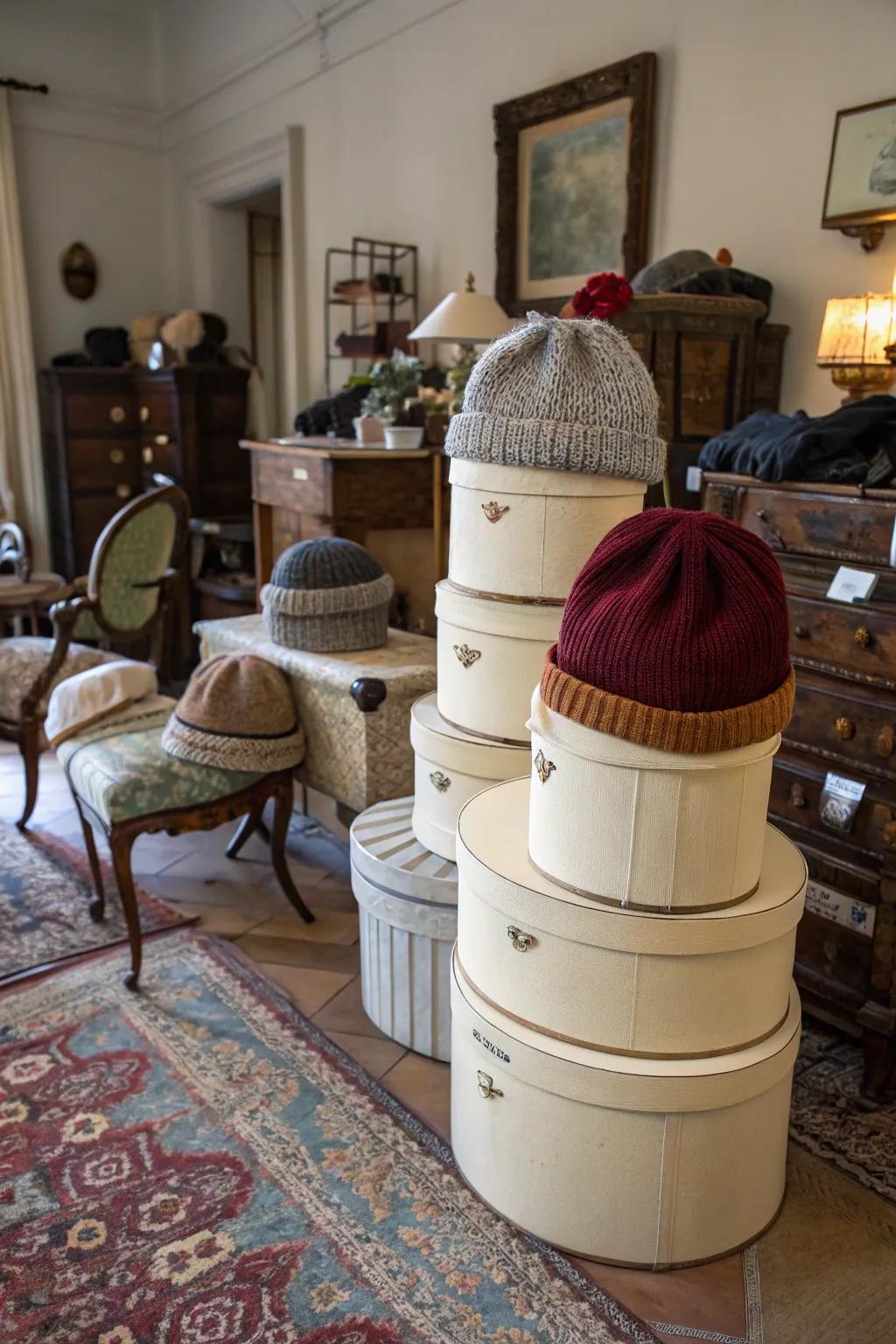 Vintage hat boxes bring an elegant touch, transforming your beanie storage into a statement of classic style.