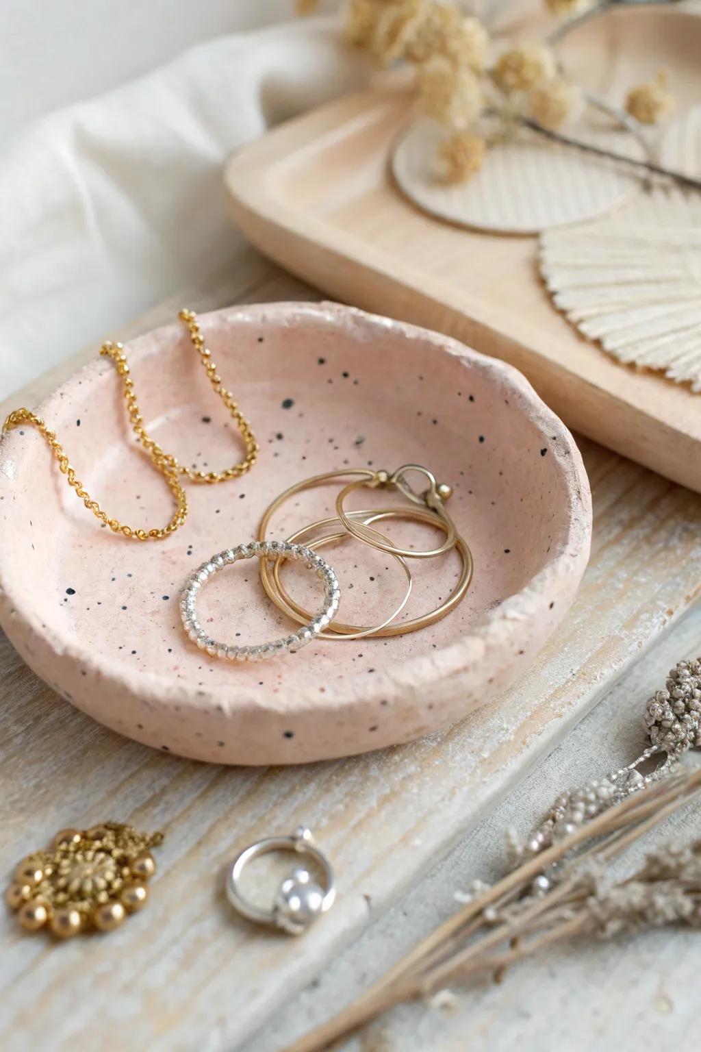 Elegantly organize your treasures using this artful clay trinket plate, where plainness encounters artisan allure.