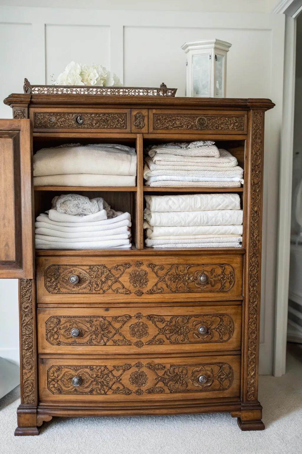 Repurposed furniture adds personality and practicality to your storage solution.