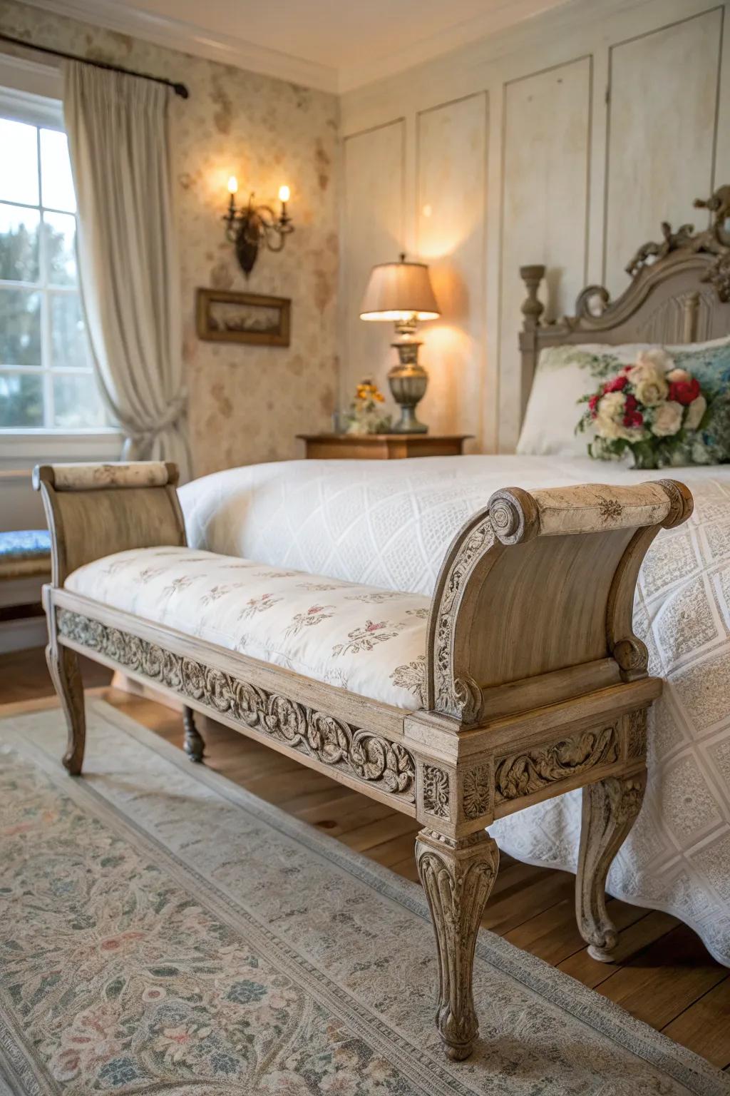 Vintage benches bring nostalgia and charm to your bedroom.