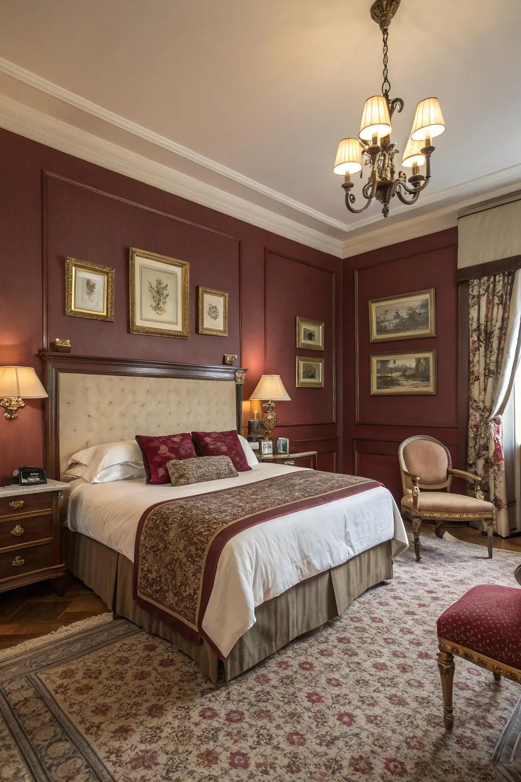 Refined burgundies fashion a warm and elegant bedroom hideaway.