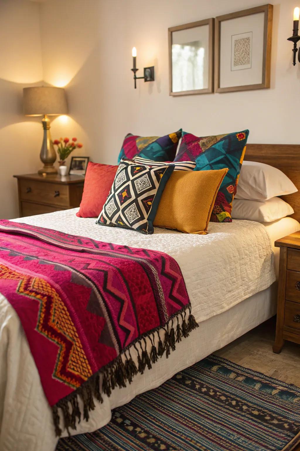 Bright accents introduce a splash of color to a neutral bedroom.