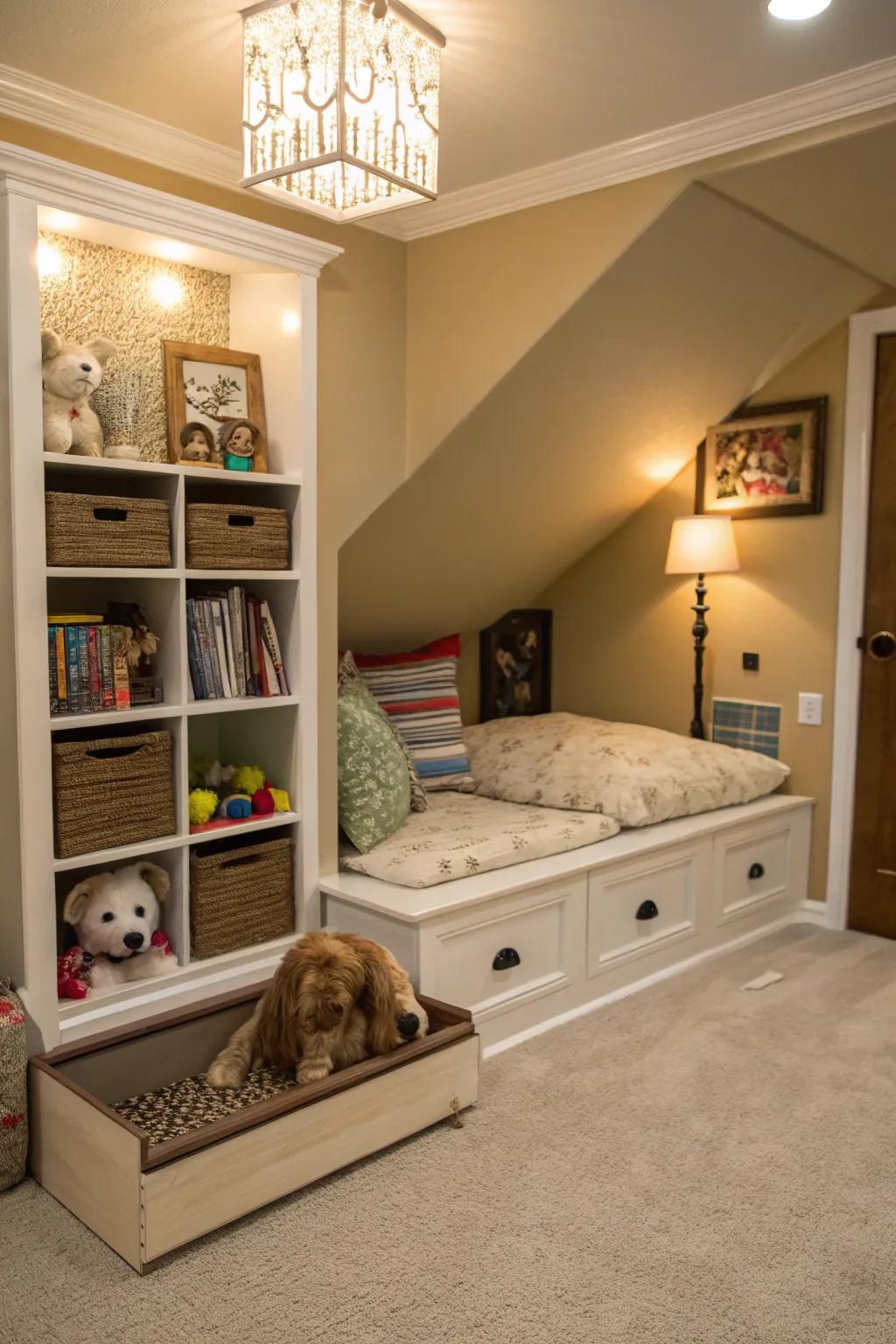 Build a dedicated area for your pet using a knee wall nook.