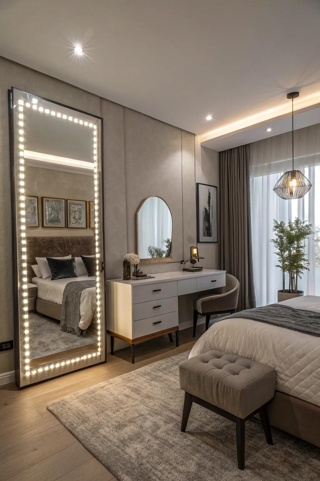 Mirrors with internal illumination add a sleek touch to bedroom decor.