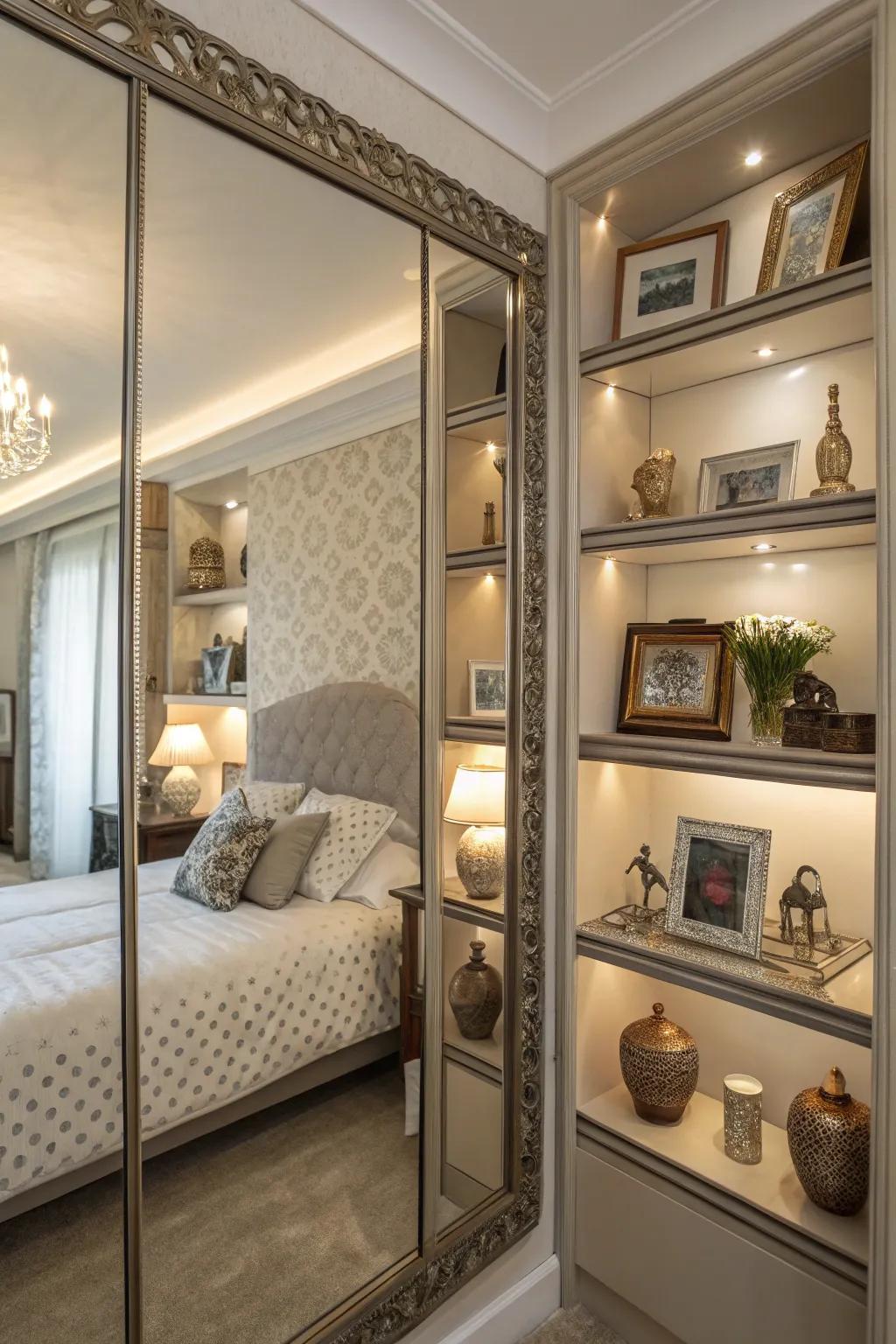 Mirrored shelves in a bedroom enhance light and provide display space.