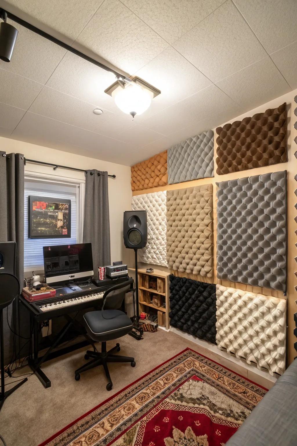 Crafted sound diffusers offer personalized acoustic solutions inside your studio.