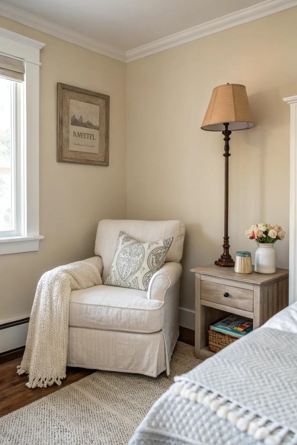 A serene and classic bedroom nook featuring minimal decor and a neutral palette.