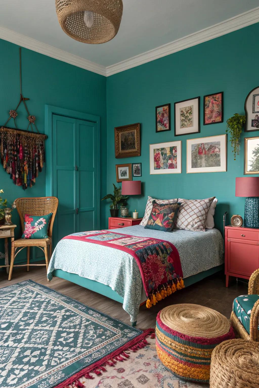A vibrant bedroom with aqua marine walls, adding intensity and creativity to the space.