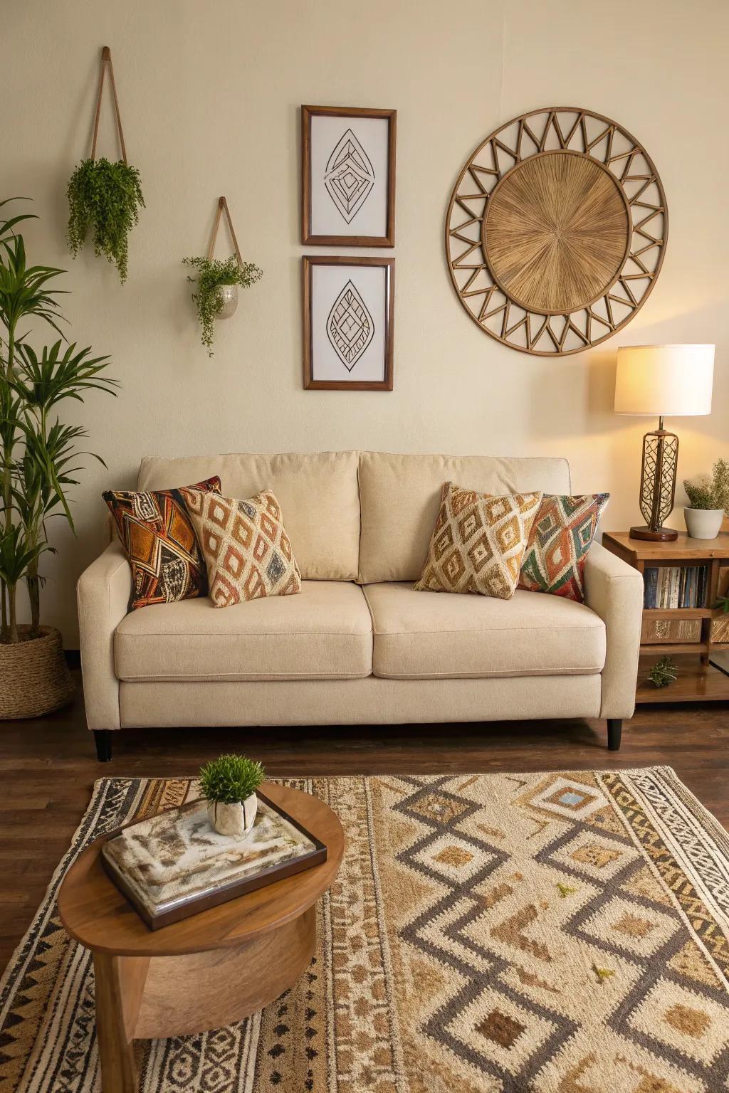 Geometric patterns bring contemporary flair to a wheat-toned sofa living space.
