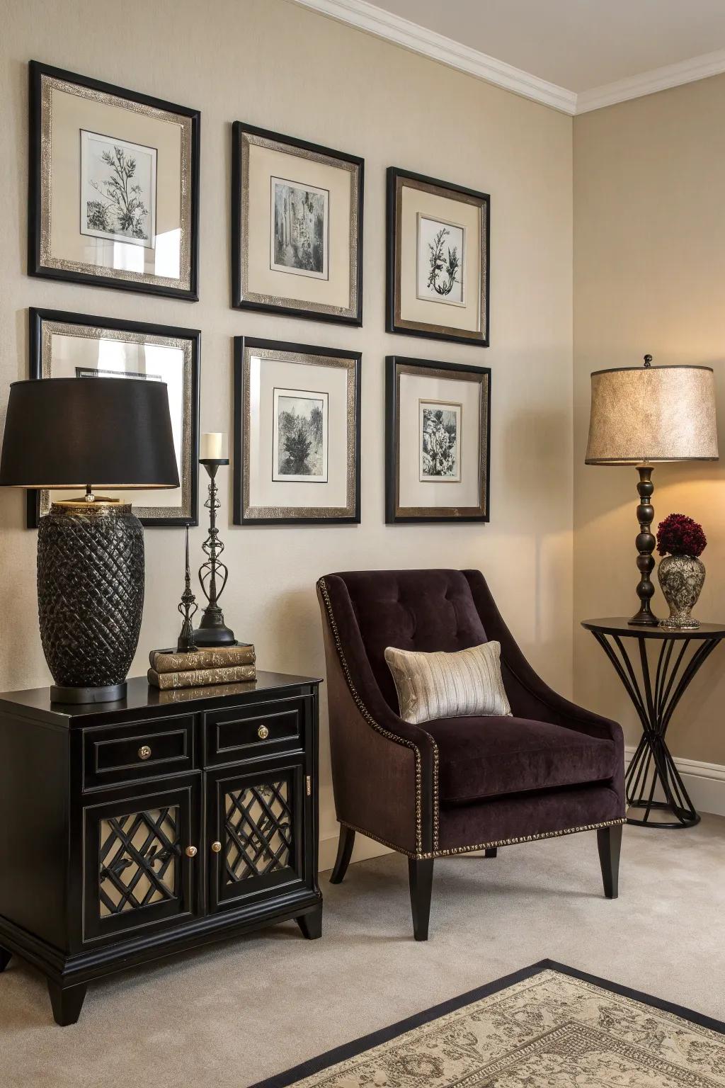 Charcoal components forge striking contrasts within this beige interior.
