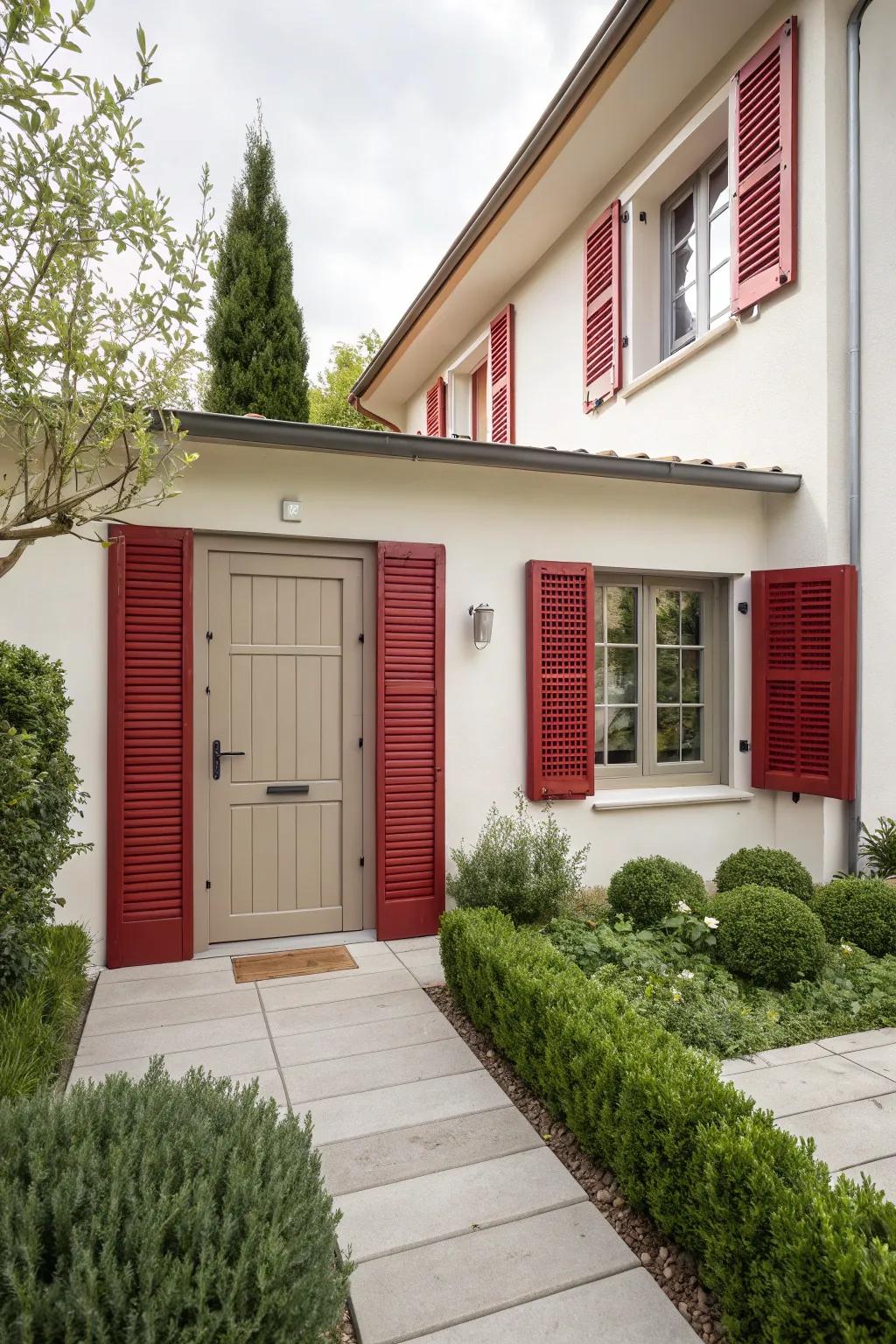 An impactful, modern appeal is crafted through the pairing of bold scarlet and fawn.