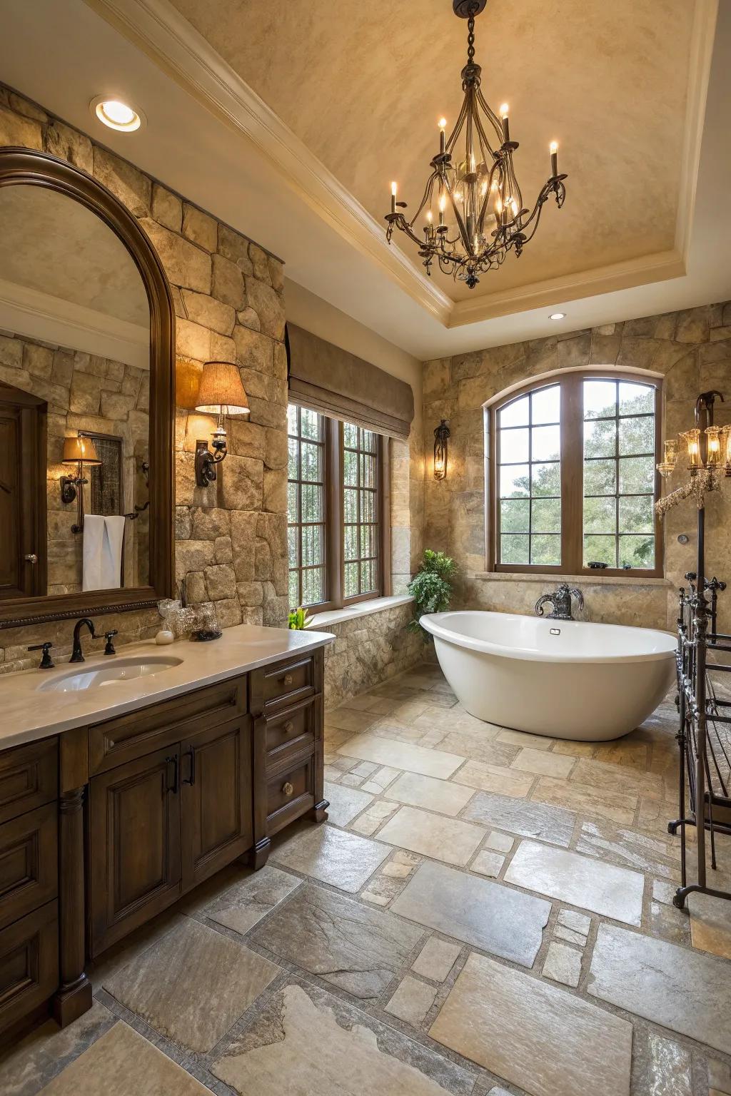 Lavish bathroom featuring stunning stone floors